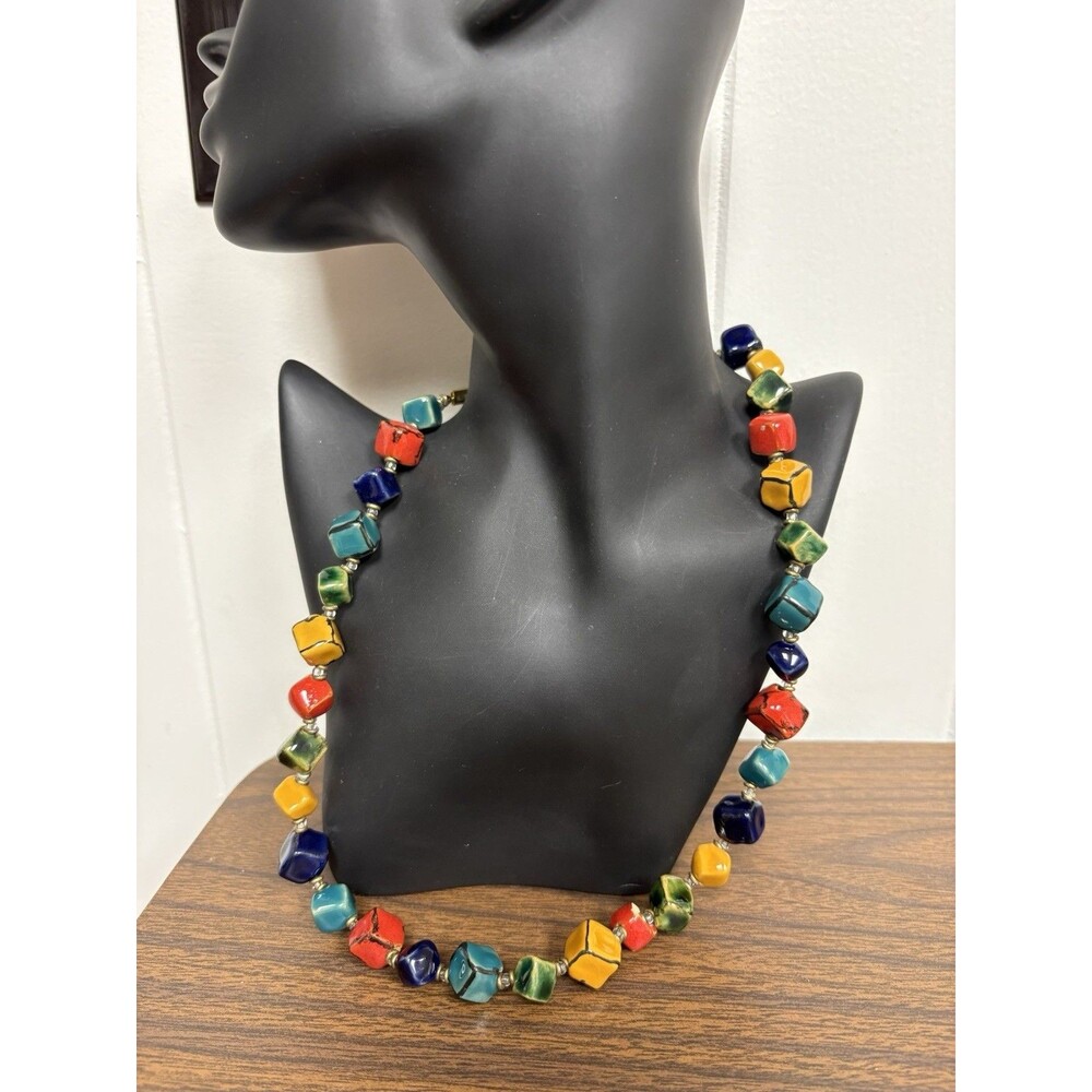 Multicolor Ceramic Cube Bead Necklace Artisan Statement Chunky Boho